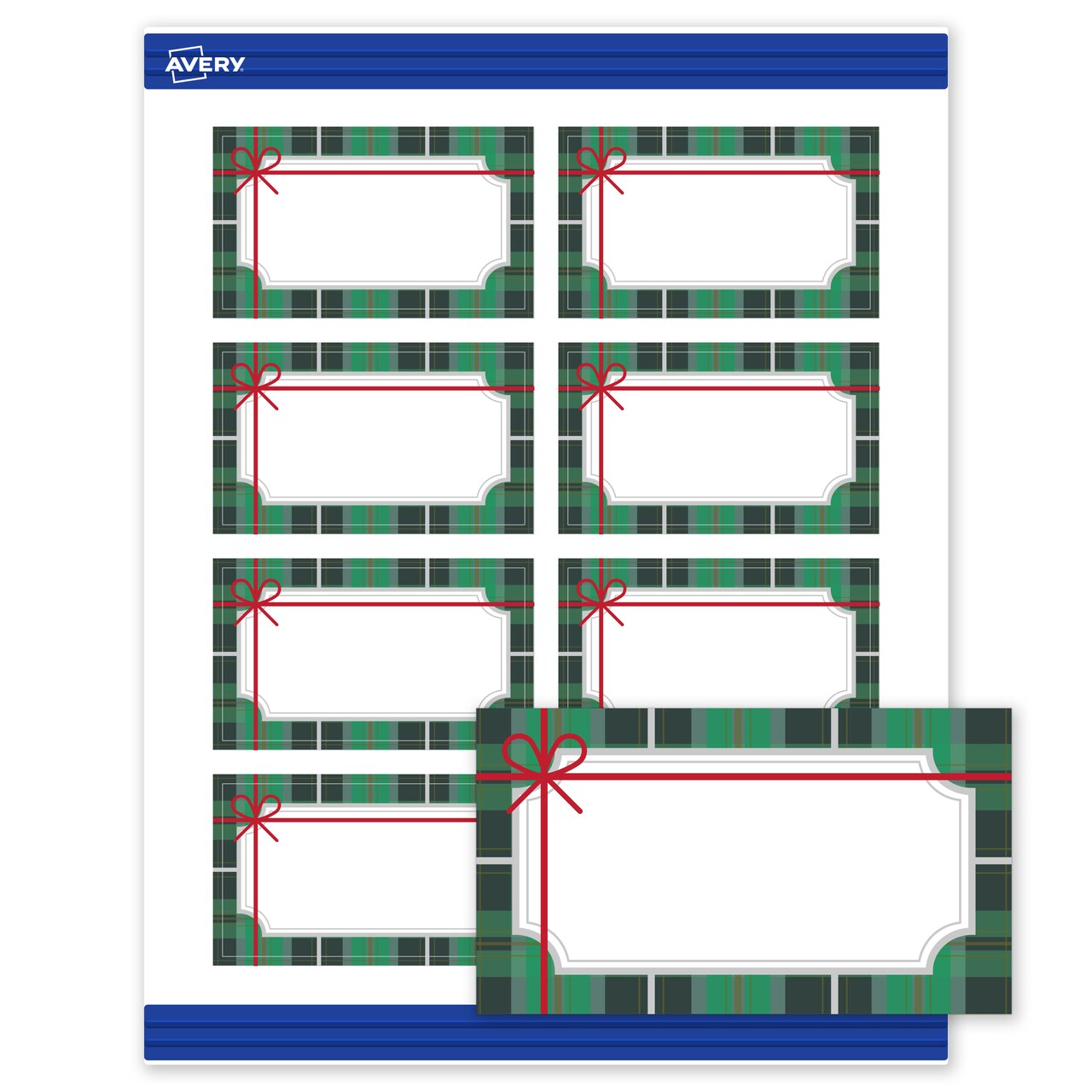 Avery Printable Business Cards with Sure Feed Technology, Rectangle, 2" x 3-1/2", Pre-Printed Green & Metallic Silver Plaid with Red Bow, Matte White, Laser & Inkjet Compatible, 80 Total